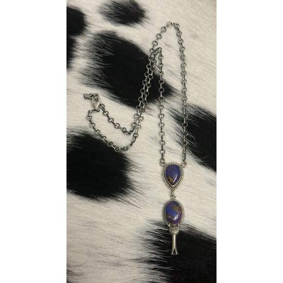 Native American Sterling Silver Purple Mojave 2 Stone Lariat Dangle Necklace - Picture 7 of 11